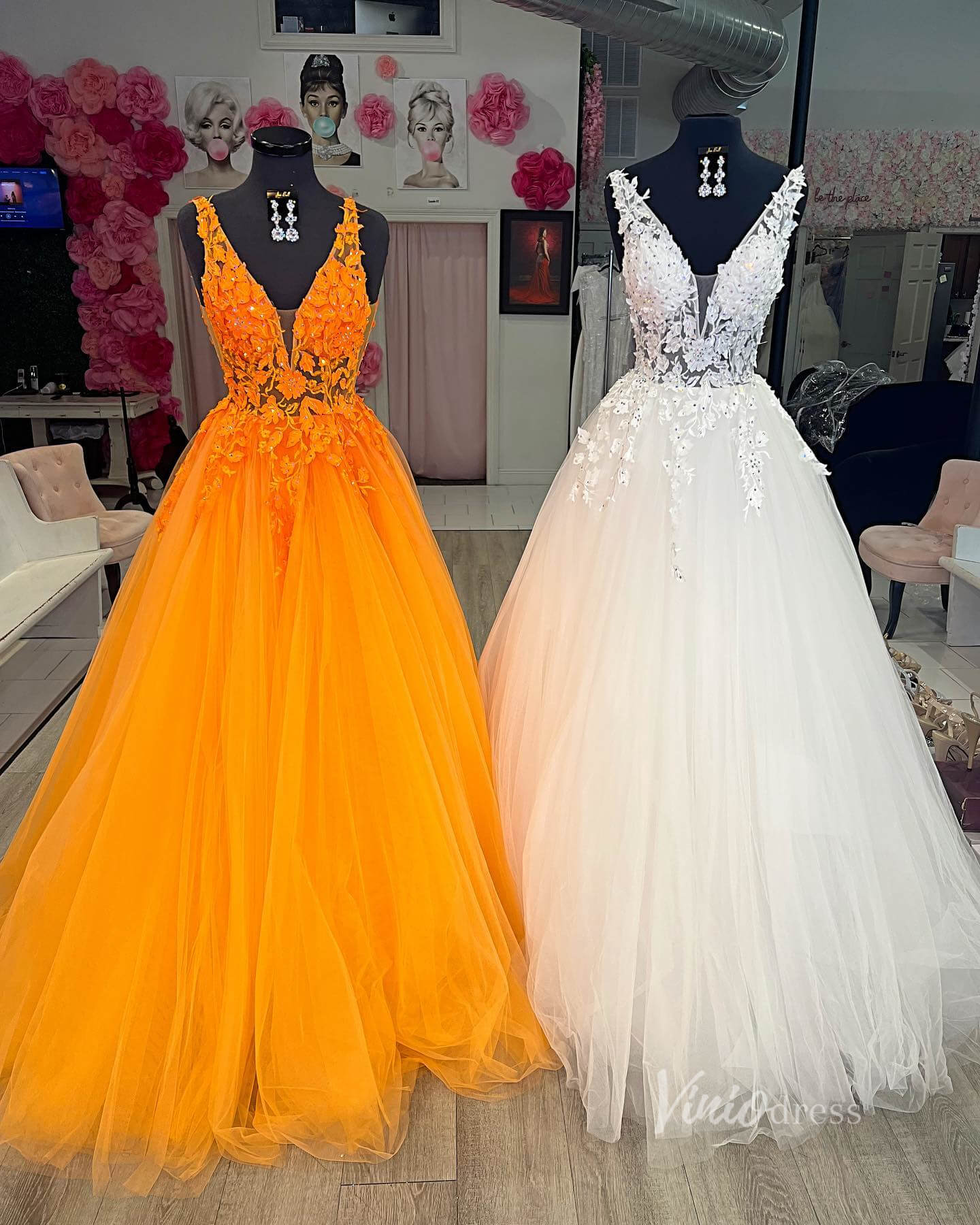 Prom Dress 2025 V-neck Orange Tulle Long Prom Dresses 2024 Backless Elegant Gowns FD2940b-unique prom dresses-Orange-Custom Size-Viniodress