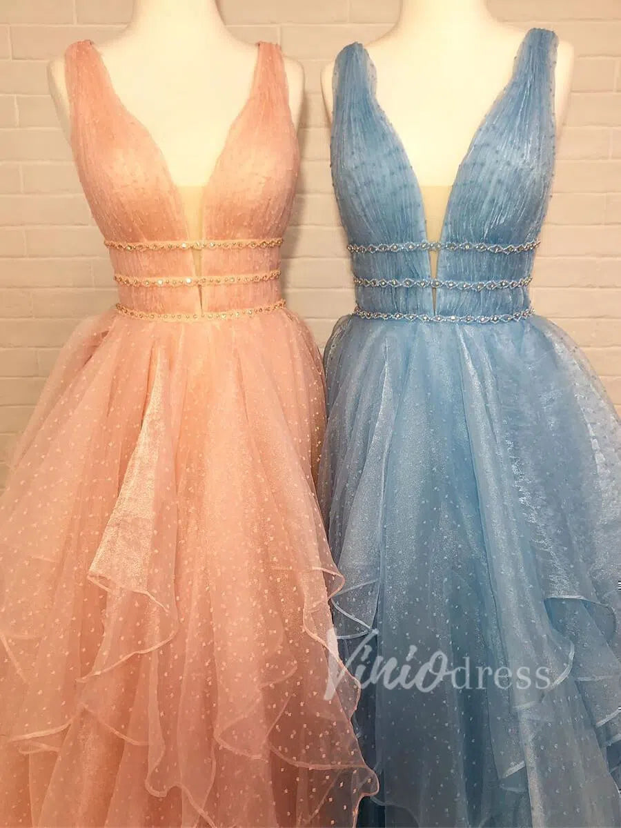 Prom Dress 2025 V Neck Polka Dot Junior Prom Dresses with Ruffle Skirt FD1574-unique prom dresses-Light Blue-Custom Size-Viniodress