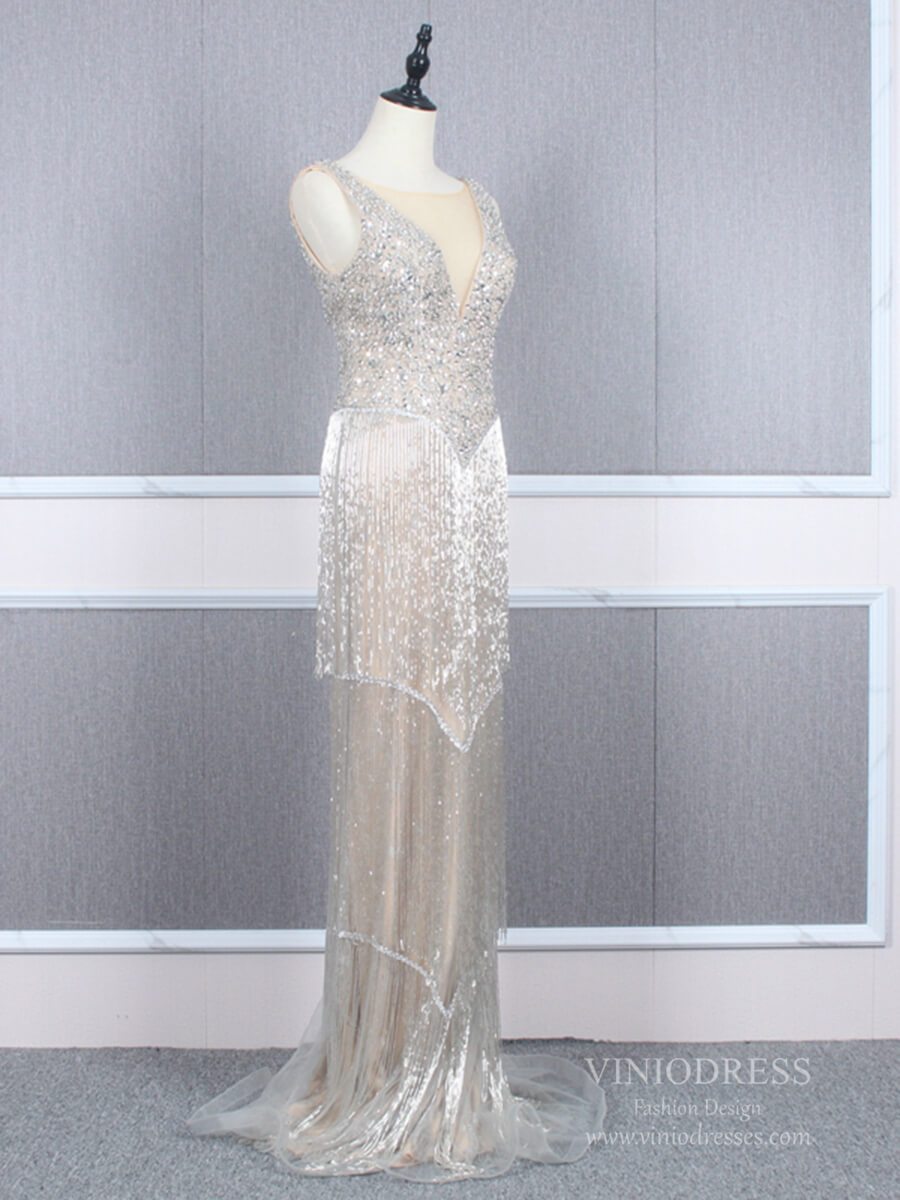 Prom Dress 2025 Vintage 20s Gatsby Party Dress Beaded Silver Flapper Dresses FD2463-unique prom dresses-Silver-US 2-Viniodress