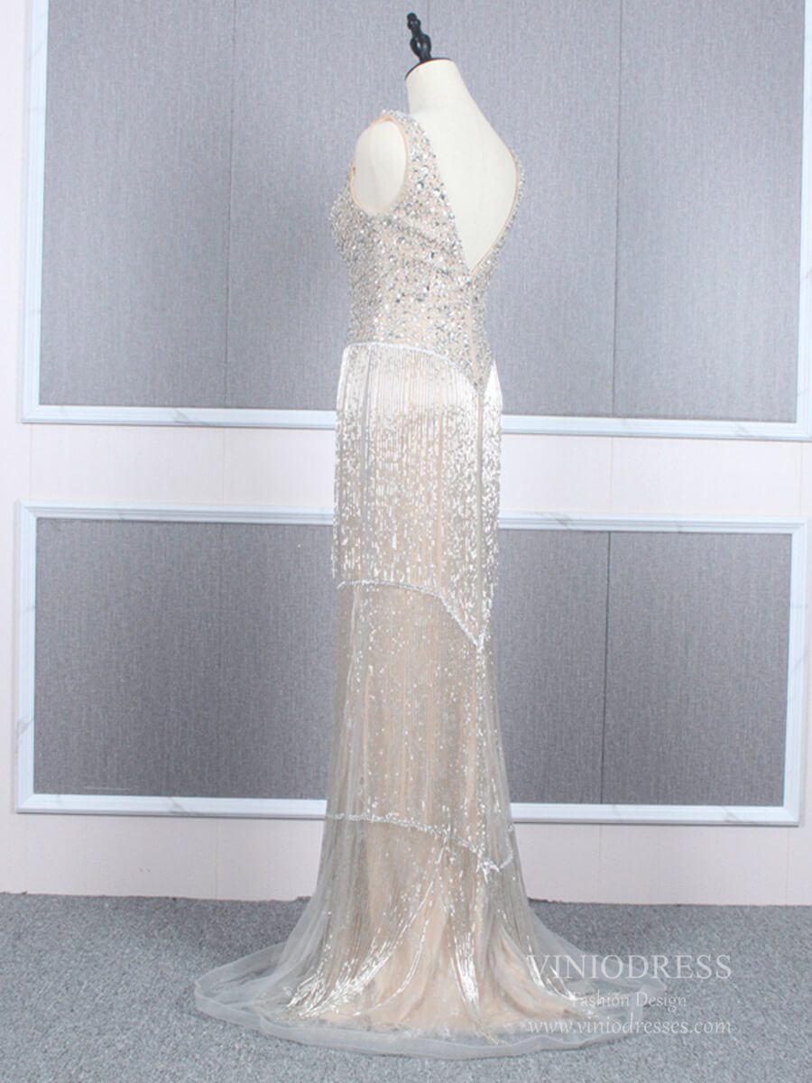 Prom Dress 2025 Vintage 20s Gatsby Party Dress Beaded Silver Flapper Dresses FD2463-unique prom dresses-Silver-US 2-Viniodress