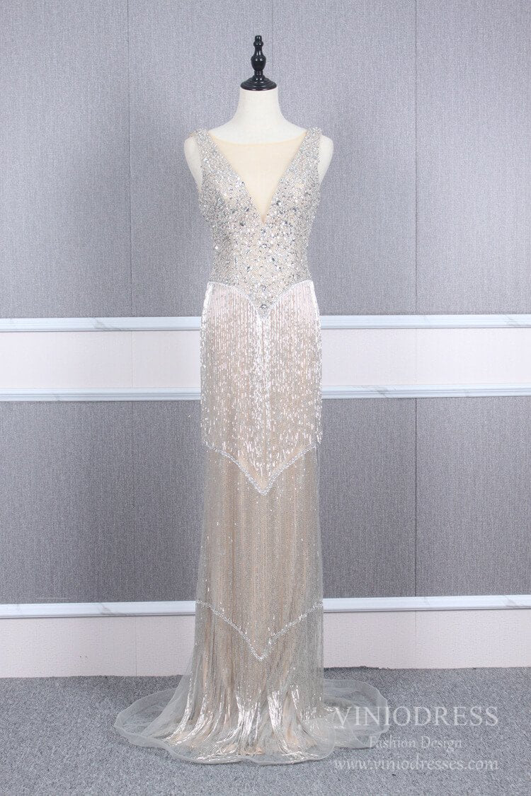 Prom Dress 2025 Vintage 20s Gatsby Party Dress Beaded Silver Flapper Dresses FD2463-unique prom dresses-Silver-US 2-Viniodress