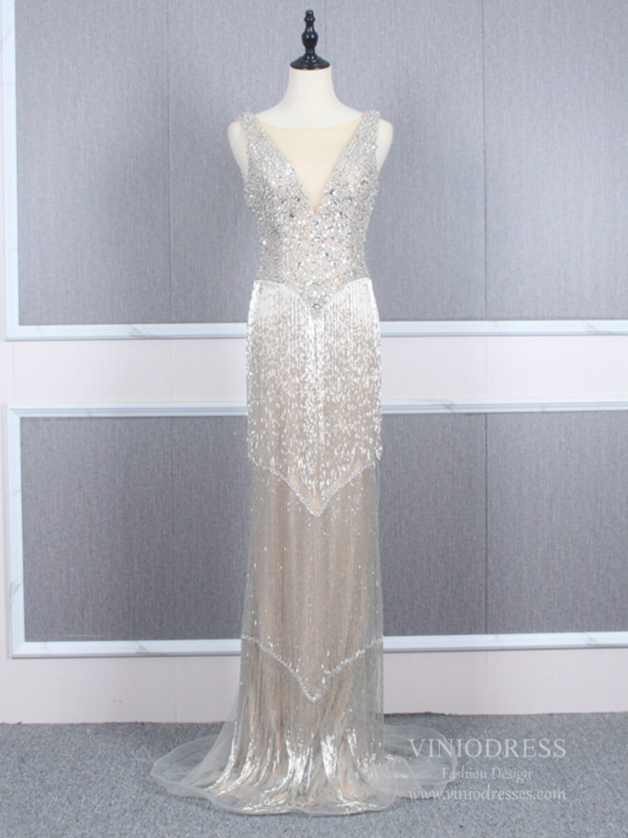 Prom Dress 2025 Vintage 20s Gatsby Party Dress Beaded Silver Flapper Dresses FD2463-unique prom dresses-Silver-US 2-Viniodress