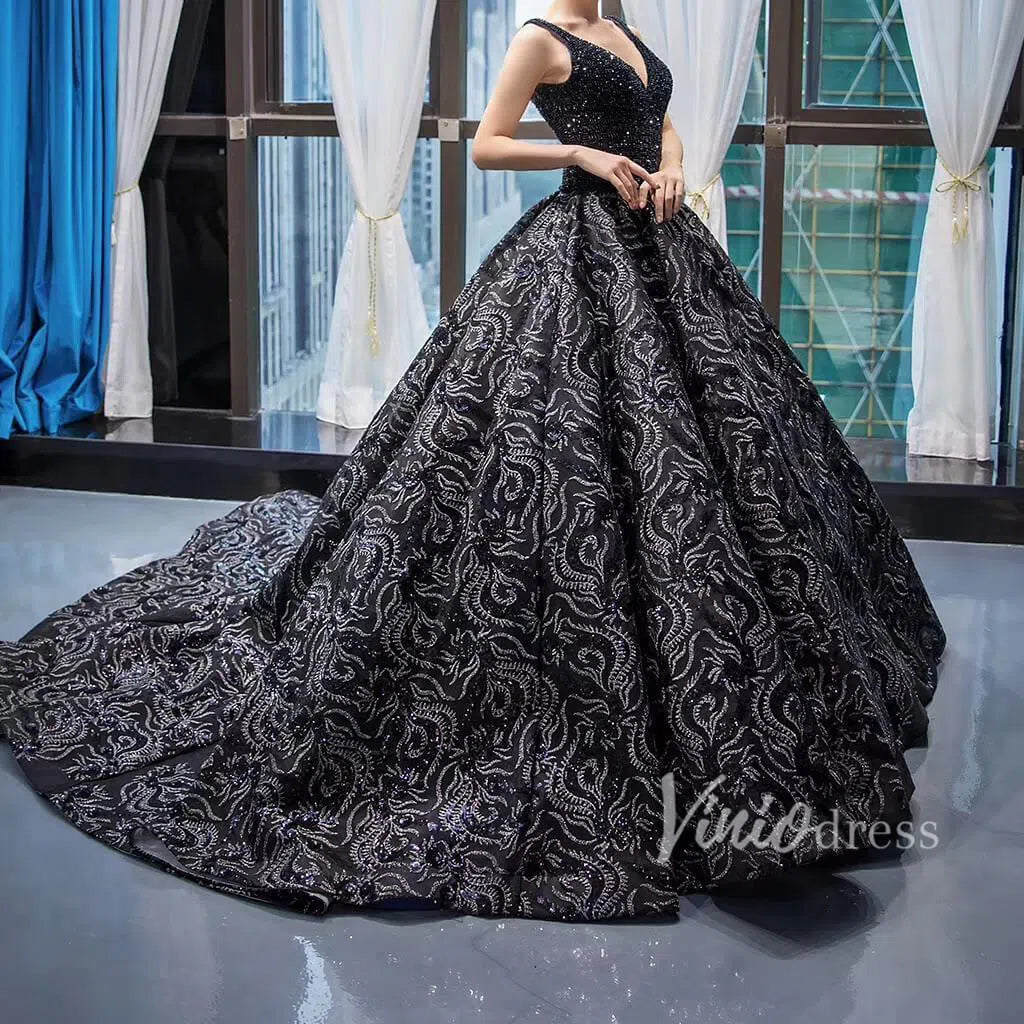 Prom Dress 2025 Vintage Blue Lace Long Prom Dresses Beading Quinceanera Dresses FD1126 viniodress-unique prom dresses-Black-US 2-Viniodress