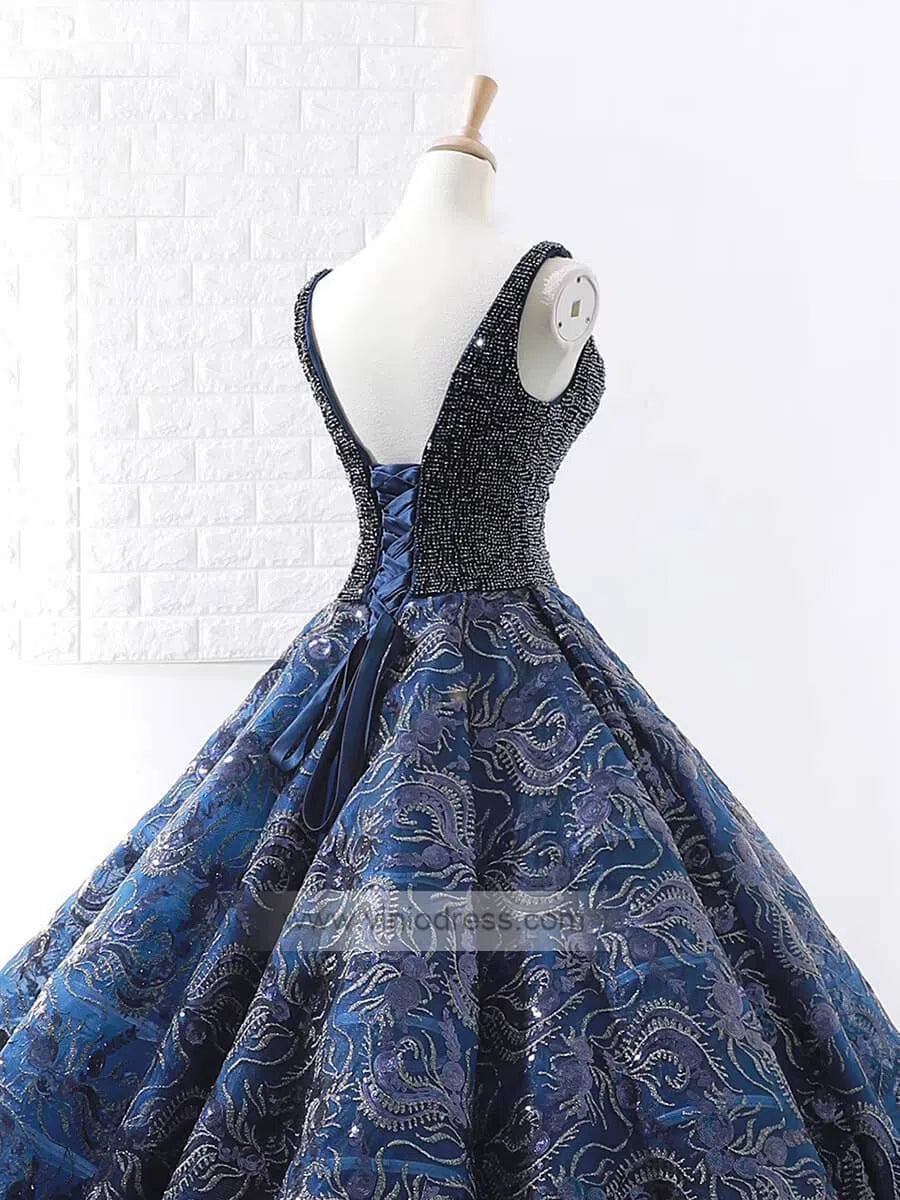 Prom Dress 2025 Vintage Blue Lace Long Prom Dresses Beading Quinceanera Dresses FD1126 viniodress-unique prom dresses-Navy Blue-US 2-Viniodress