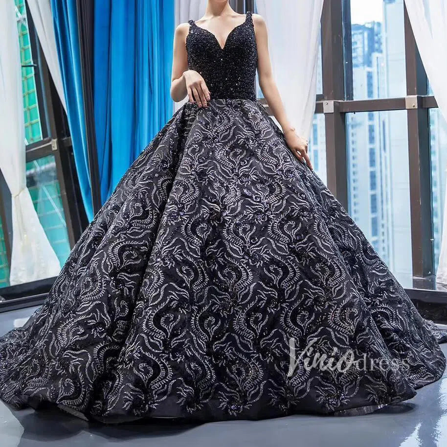 Prom Dress 2025 Vintage Blue Lace Long Prom Dresses Beading Quinceanera Dresses FD1126 viniodress-unique prom dresses-Navy Blue-US 2-Viniodress