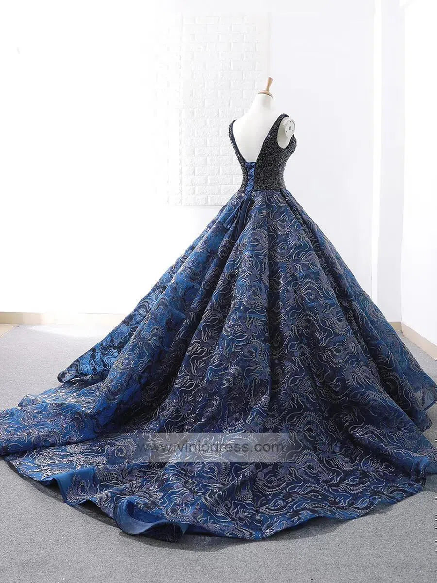 Prom Dress 2025 Vintage Blue Lace Long Prom Dresses Beading Quinceanera Dresses FD1126 viniodress-unique prom dresses-Navy Blue-US 2-Viniodress