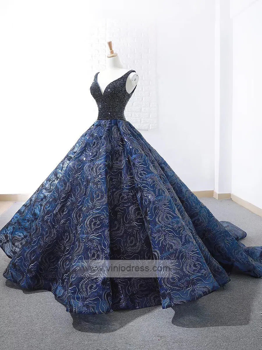 Prom Dress 2025 Vintage Blue Lace Long Prom Dresses Beading Quinceanera Dresses FD1126 viniodress-unique prom dresses-Navy Blue-US 2-Viniodress