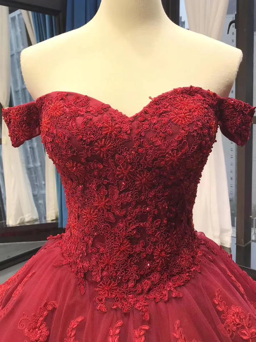 Prom Dress 2025 Vintage Dark Red Lace Prom Dresses Off Shoulder Princess Dress FD1217 viniodress-unique prom dresses-Dark Red-Custom Size-Viniodress