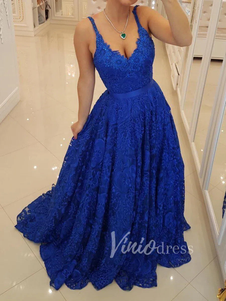 Prom Dress 2025 Vintage Royal Blue Lace Prom Dresses with Straps FD1548-unique prom dresses-Royal Blue-Custom Size-Viniodress