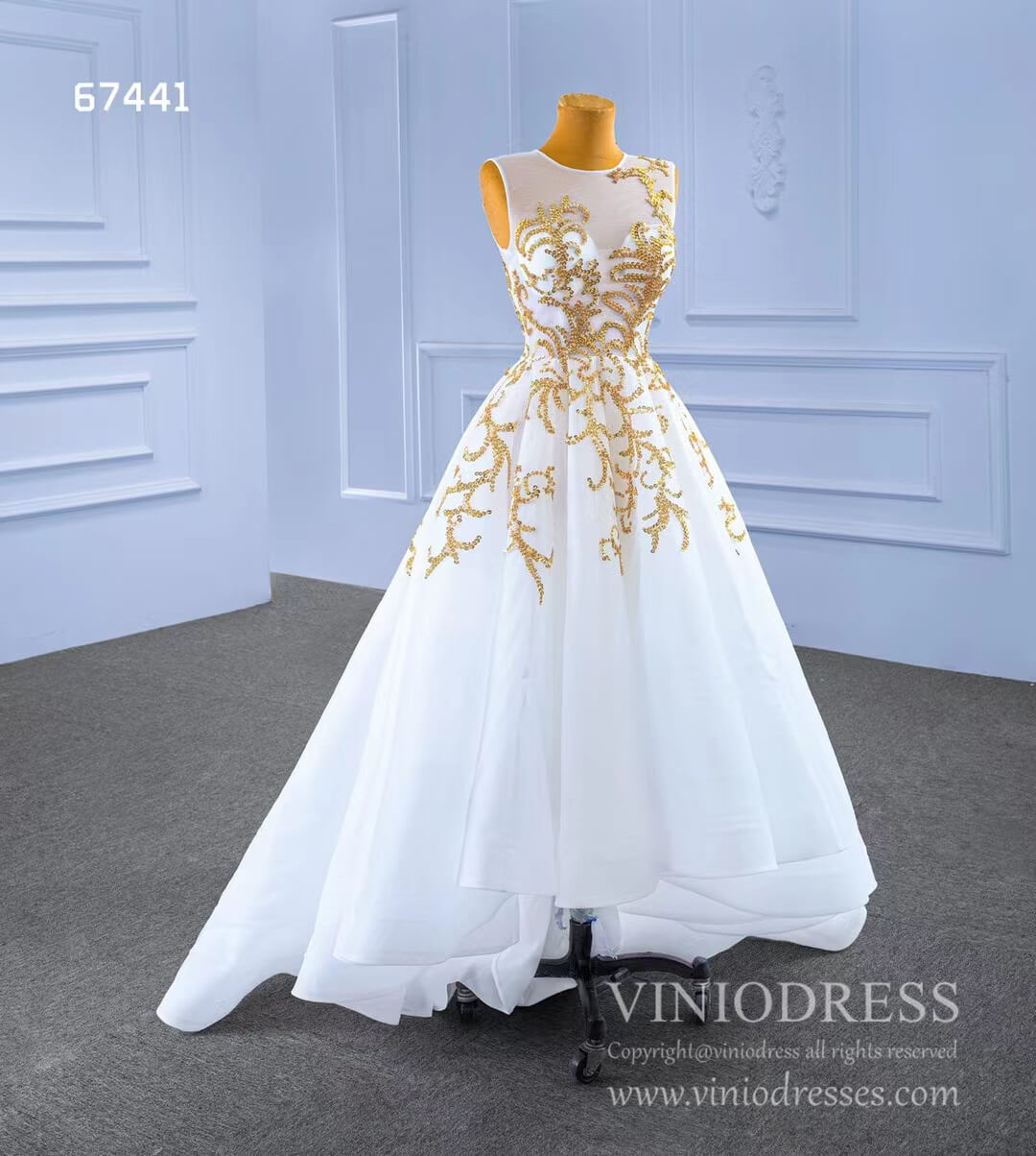 Prom Dress 2025 White High Low Prom Gown Gold Beaded Pageant Dress 67441-unique prom dresses-White-Custom Size-Viniodress