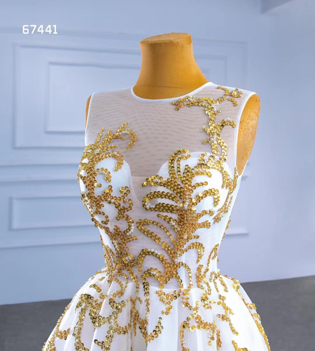 Prom Dress 2025 White High Low Prom Gown Gold Beaded Pageant Dress 67441-unique prom dresses-White-Custom Size-Viniodress