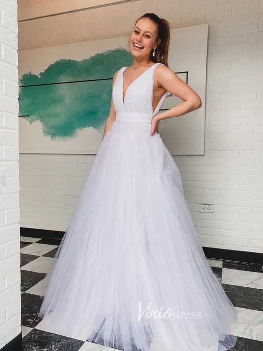 Prom Dress 2025 White Plunging V-Neck Prom Dresses Tulle A-Line Evening Dress FD3069-unique prom dresses-White-Custom Size-Viniodress