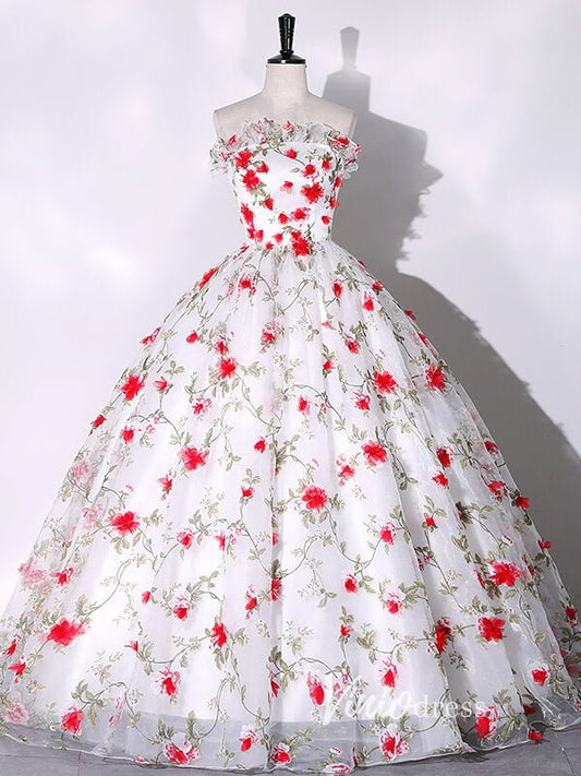 White Strapless Ball Gown Red Floral Quinceanera Dresses FD3533 - Viniodressprom dressesRedCustom Size - Formal Dresses - Ball Gowns