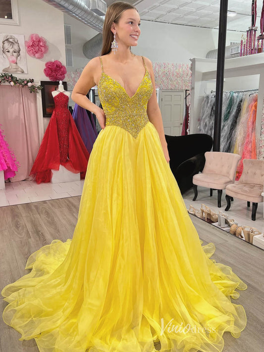 Yellow Beaded Lace Organza Prom Dresses Spaghetti Strap V - Neck FD4065 - Viniodressprom dressesYellowCustom Size - Formal Dresses - Ball Gowns