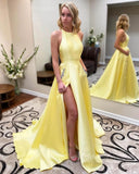 Prom Dress 2025 Yellow Halter Satin Prom Dress with Pockets, Slit FD1655-unique prom dresses-Yellow-Custom Size-Viniodress