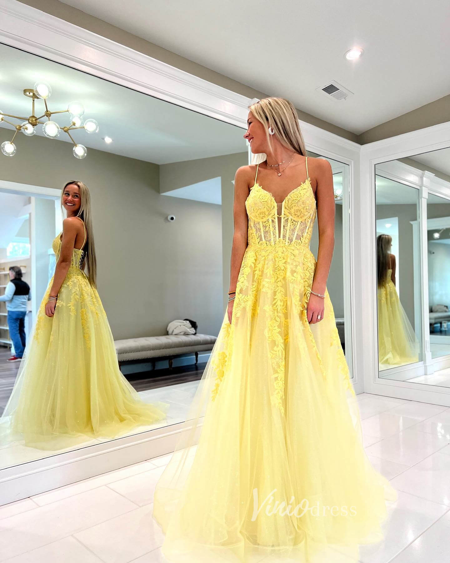 Yellow Lace Applique Prom Dresses Spaghetti Strap Evening Dress FD3632 - Viniodressprom dressesYellowCustom Size - Formal Dresses - Ball Gowns