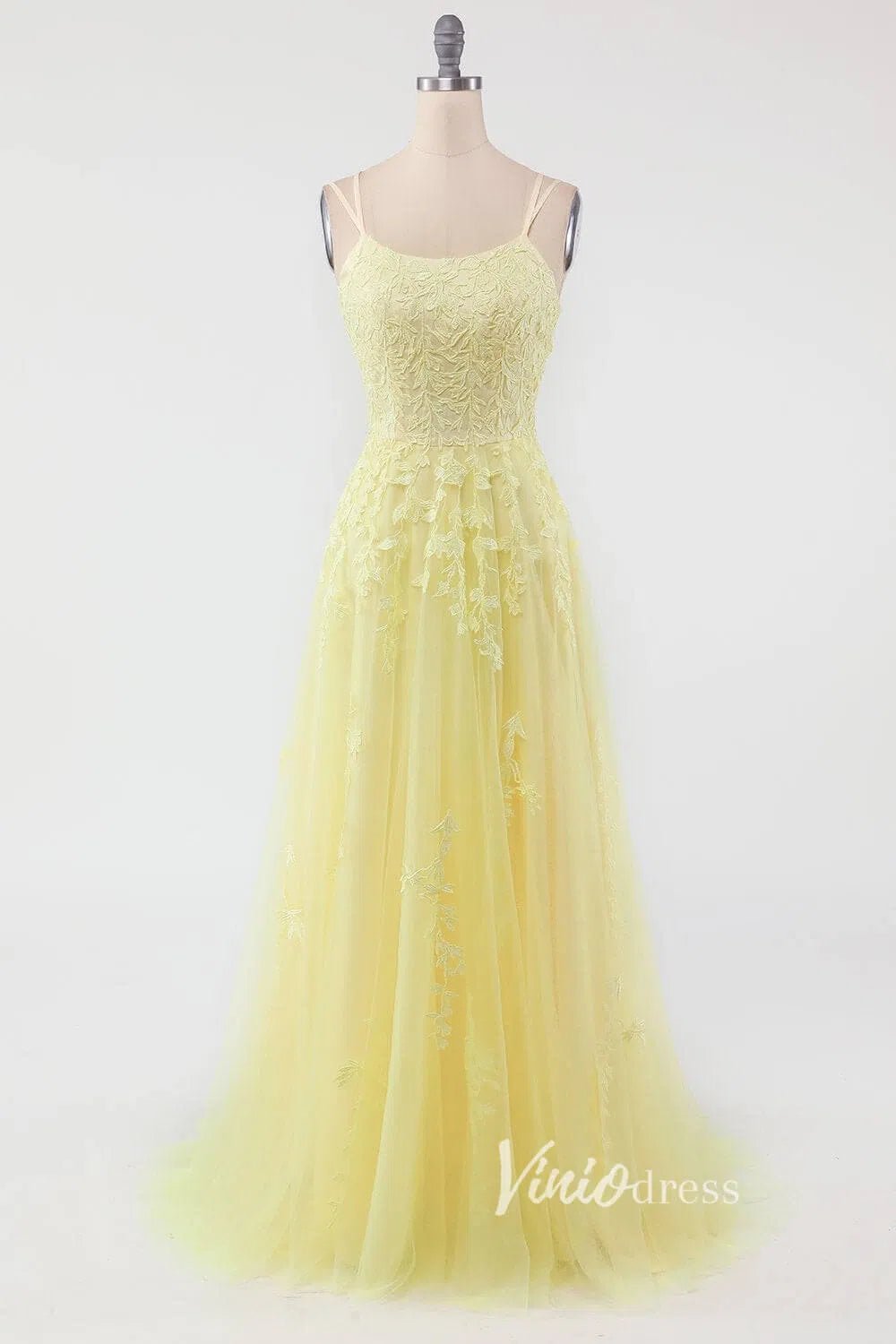 Yellow Lace Applique Prom Dresses Spaghetti Strap Formal Gown FD1265 - Viniodressprom dressesYellowCustom Size - Formal Dresses - Ball Gowns