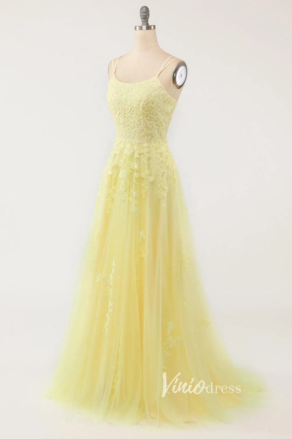 Yellow Lace Applique Prom Dresses Spaghetti Strap Formal Gown FD1265 - Viniodressprom dressesYellowCustom Size - Formal Dresses - Ball Gowns