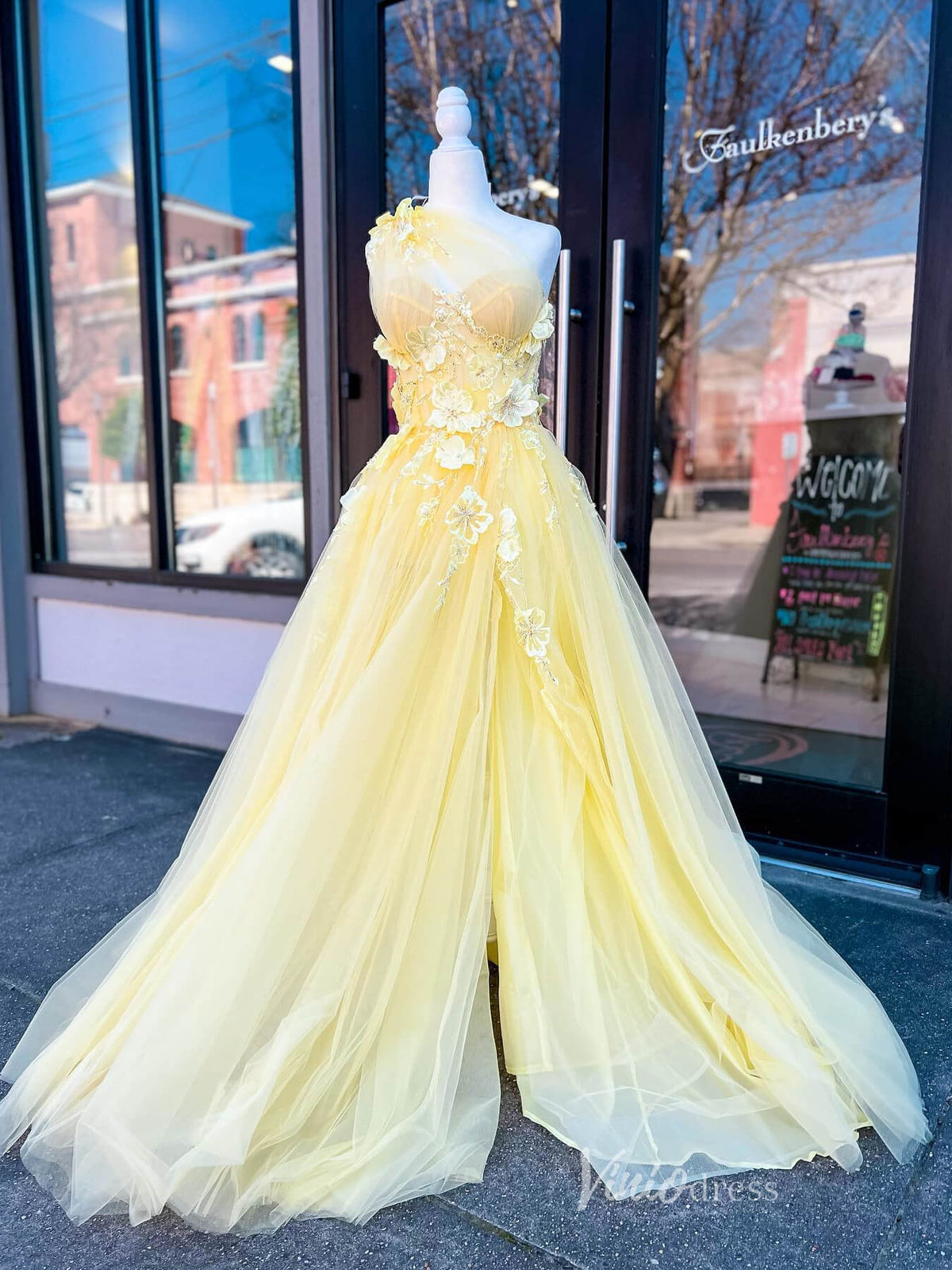 Prom Dress 2025 Yellow Lace Applique Prom Dresses with Slit One Shouder Formal Gown FD4014-unique prom dresses-Yellow-Custom Size-Viniodress