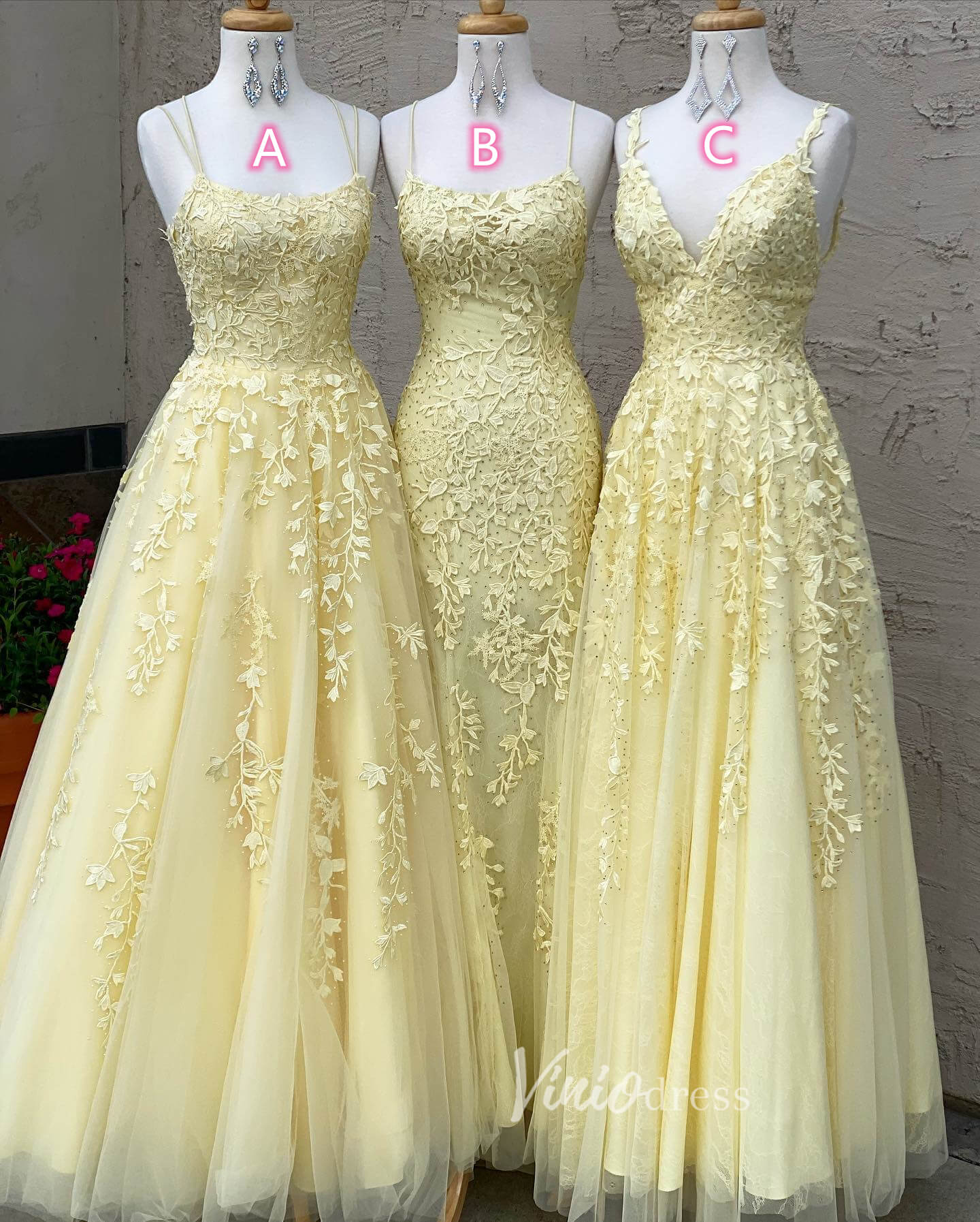 Prom Dress 2025 Yellow Lace Appliqued Prom Dresses Spaghetti Strap FD1250-unique prom dresses-Yellow-Custom Size-Viniodress