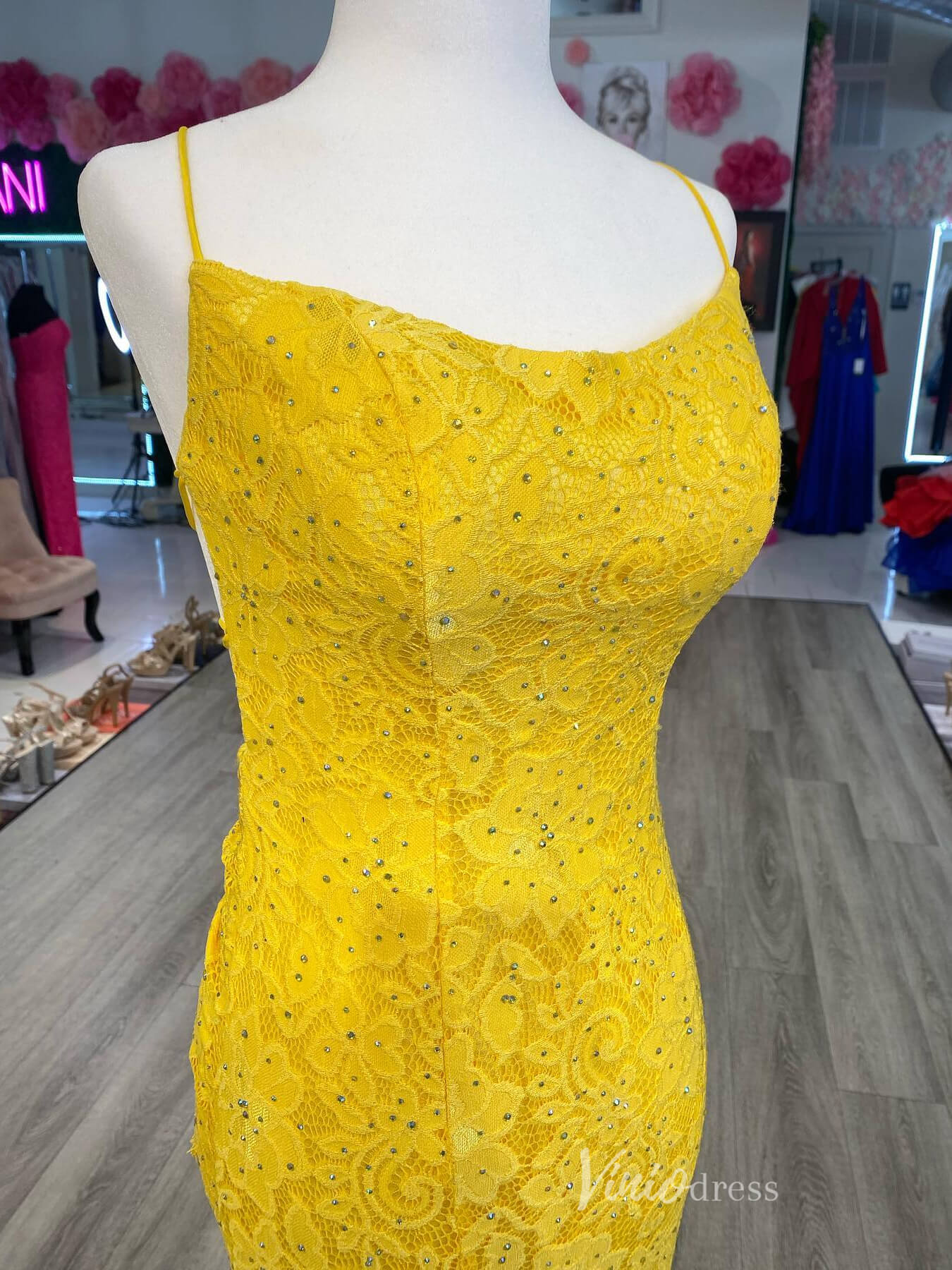 Yellow Lace Mermaid Prom Dresses Spaghetti Strap Evening Dress FD4010 - Viniodressprom dressesYellowCustom Size - Formal Dresses - Ball Gowns