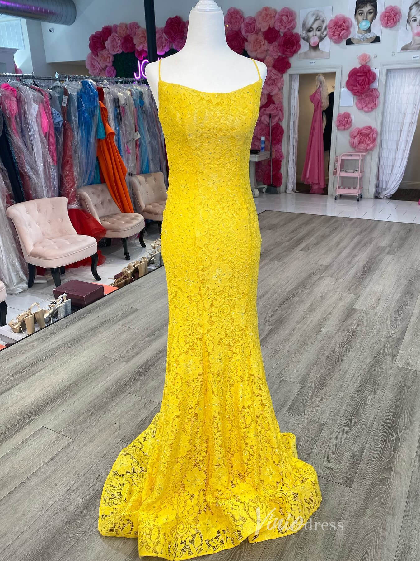 Yellow Lace Mermaid Prom Dresses Spaghetti Strap Evening Dress FD4010 - Viniodressprom dressesYellowCustom Size - Formal Dresses - Ball Gowns