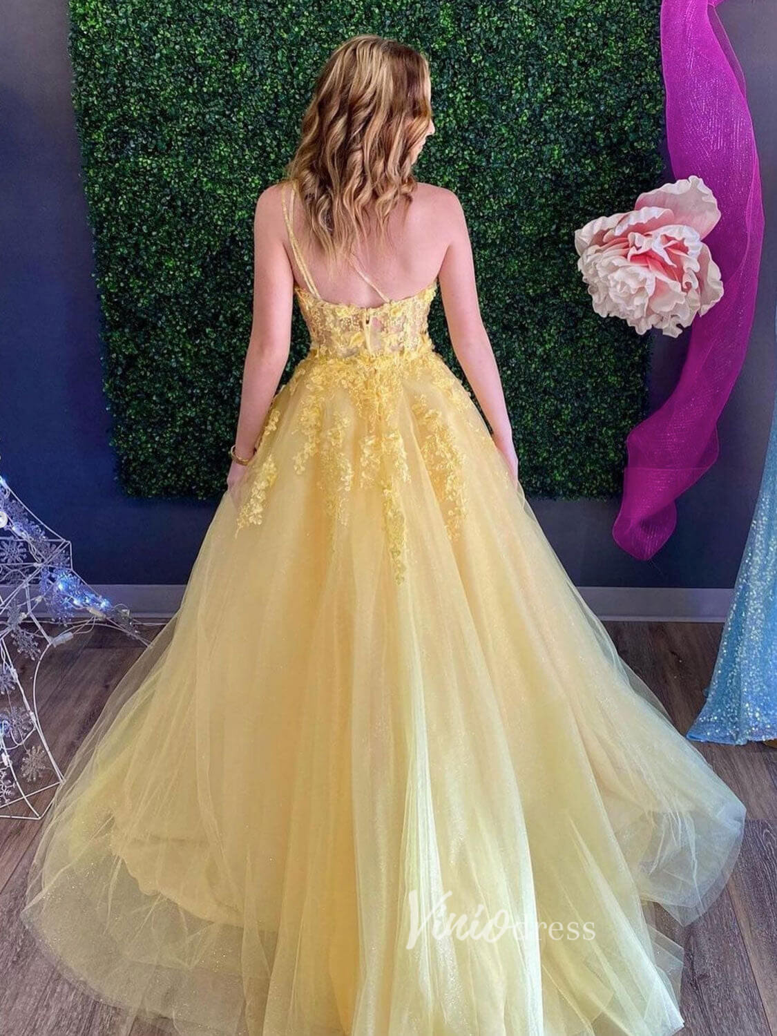 Prom Dress 2025 Yellow One Shoulder Prom Dresses Lace Applique Evening Dress FD3088-unique prom dresses-Yellow-Custom Size-Viniodress