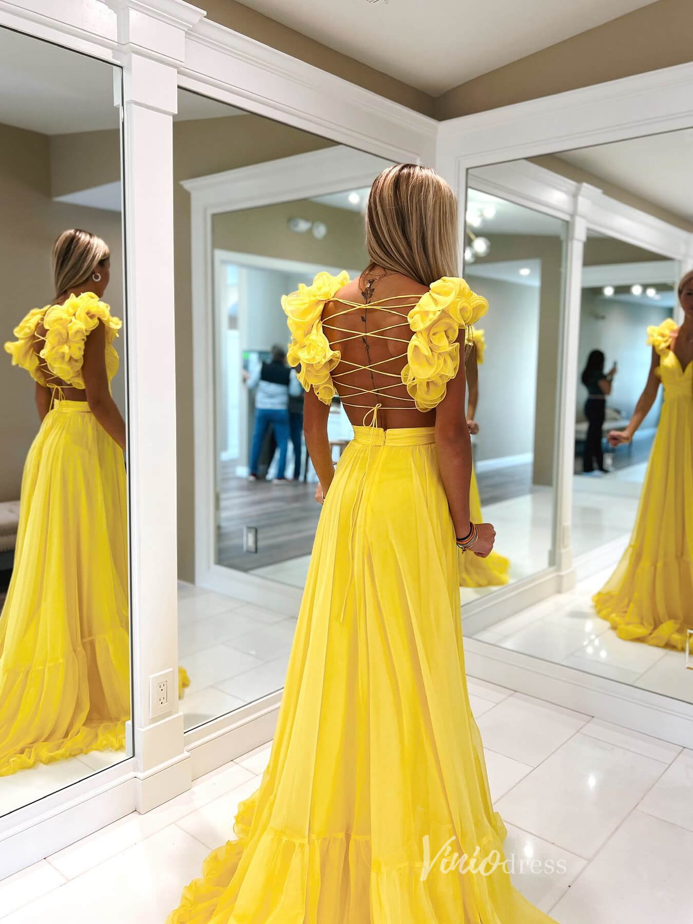 Yellow Pleated Chiffon Prom Dresses Crossed Tiered Strap FD3692 - Viniodressprom dressesYellowCustom Size - Formal Dresses - Ball Gowns