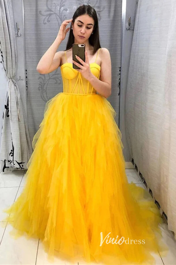 Prom Dress 2025 Yellow Ruffled Prom Dresses Spaghetti Strap Formal Gown FD3258-unique prom dresses-Yellow-Custom Size-Viniodress