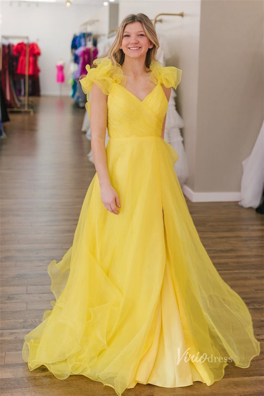 Yellow Ruffled Shoulder Prom Dresses with Slit Pleated Bodice FD3981 - Viniodressprom dressesYellowCustom Size - Formal Dresses - Ball Gowns