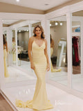 Prom Dress 2025 Yellow Satin Pleated Prom Dresses Mermaid Spaghetti Strap Evening Dress FD3678-unique prom dresses-Yellow-Custom Size-Viniodress