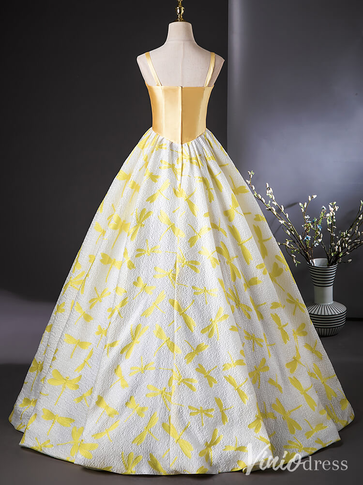 Prom Dress 2025 Yellow Spaghetti Strap Sweetheart Quinceanera Dresses Jacquard Satin Ball Gown AD1389-unique prom dresses-Yellow-Custom Size-Viniodress