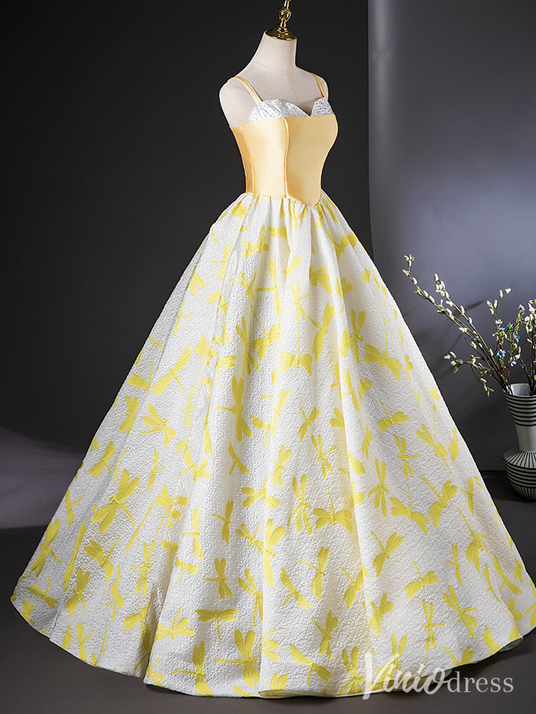 Prom Dress 2025 Yellow Spaghetti Strap Sweetheart Quinceanera Dresses Jacquard Satin Ball Gown AD1389-unique prom dresses-Yellow-Custom Size-Viniodress