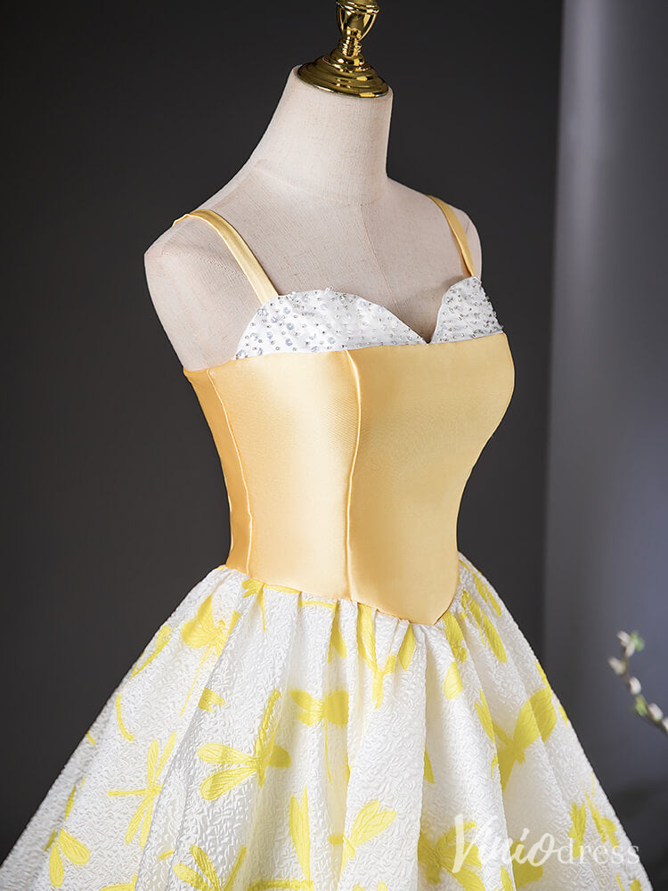 Prom Dress 2025 Yellow Spaghetti Strap Sweetheart Quinceanera Dresses Jacquard Satin Ball Gown AD1389-unique prom dresses-Yellow-Custom Size-Viniodress