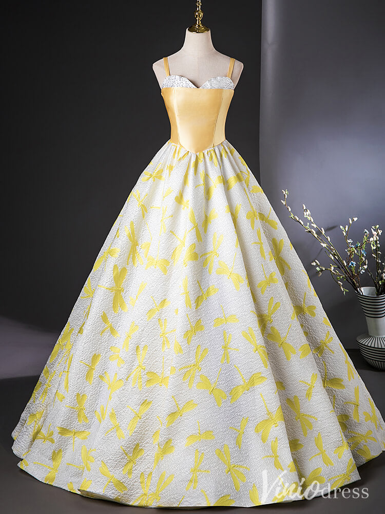 Prom Dress 2025 Yellow Spaghetti Strap Sweetheart Quinceanera Dresses Jacquard Satin Ball Gown AD1389-unique prom dresses-Yellow-Custom Size-Viniodress