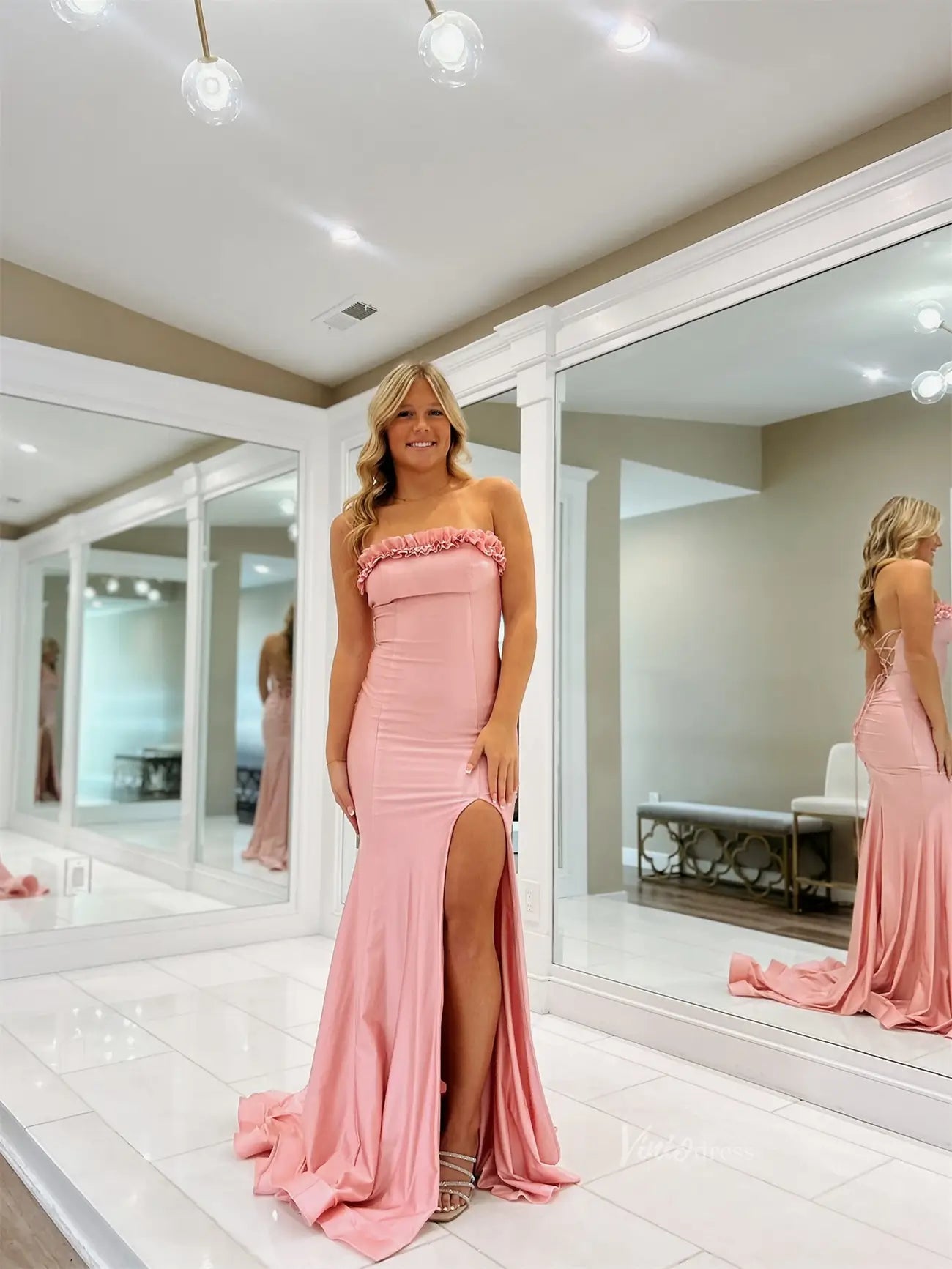 prom dresses 2025-to impress Yellow Strapless Satin Prom Dresses with Slit & Ruffled Neckline - FD6033-plus size wedding dresses Viniodress-Pink-Custom Size-