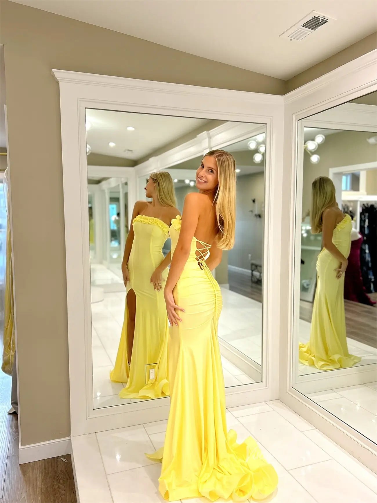 prom dresses 2025-to impress Yellow Strapless Satin Prom Dresses with Slit & Ruffled Neckline - FD6033-plus size wedding dresses Viniodress-Yellow-Custom Size-