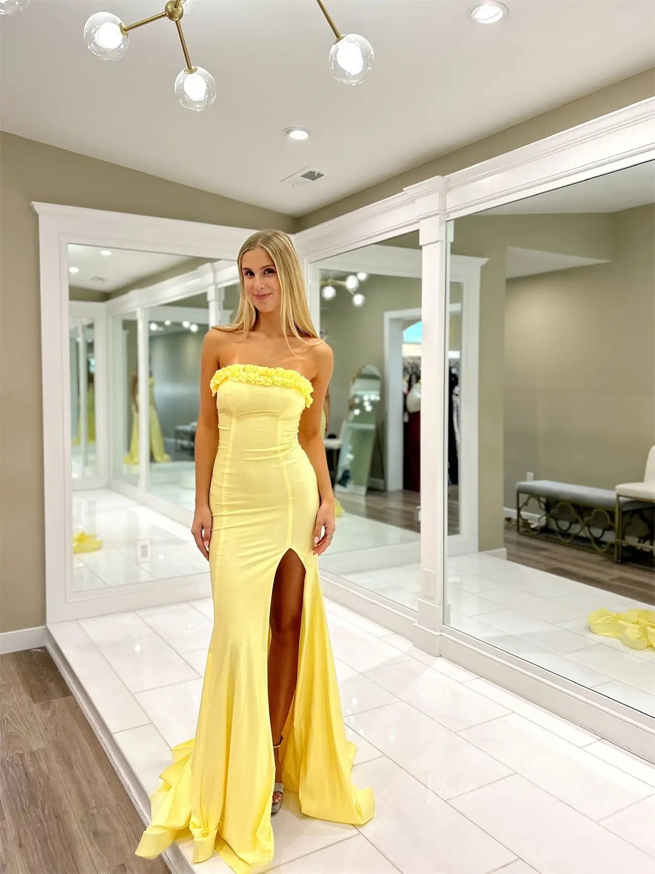 prom dresses 2025-to impress Yellow Strapless Satin Prom Dresses with Slit & Ruffled Neckline - FD6033-plus size wedding dresses Viniodress-Yellow-Custom Size-