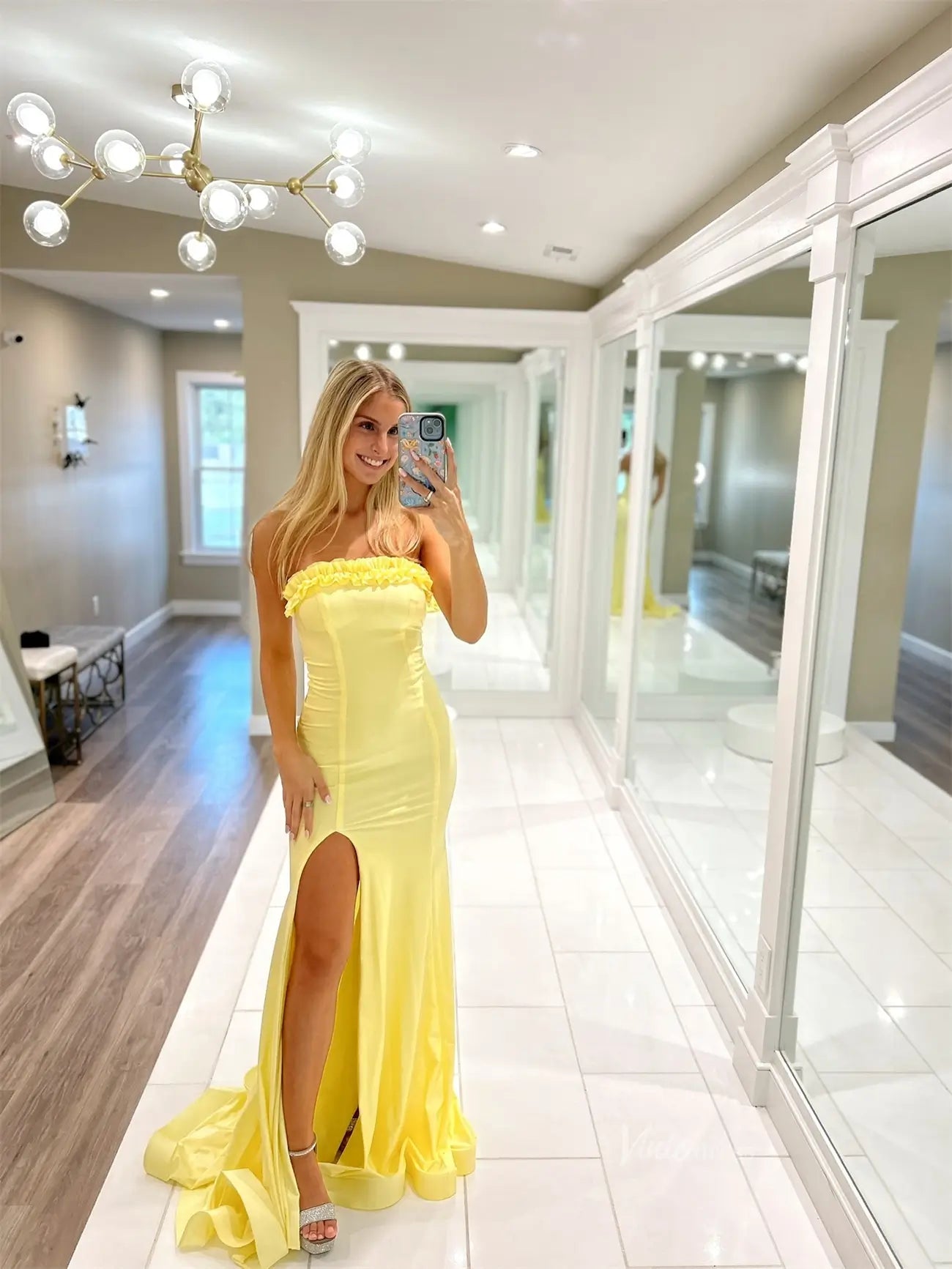 prom dresses 2025-to impress Yellow Strapless Satin Prom Dresses with Slit & Ruffled Neckline - FD6033-plus size wedding dresses Viniodress-Yellow-Custom Size-