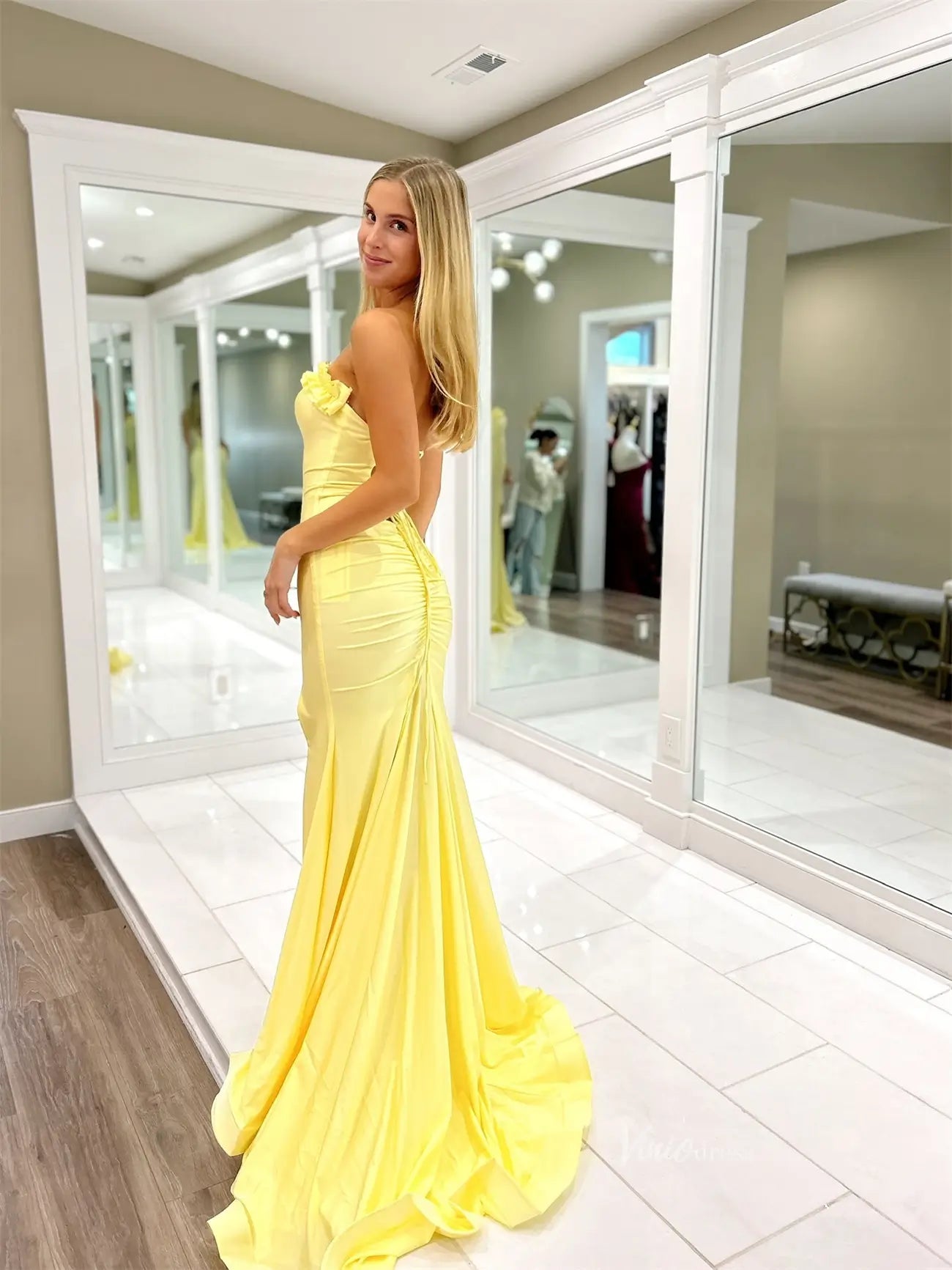 prom dresses 2025-to impress Yellow Strapless Satin Prom Dresses with Slit & Ruffled Neckline - FD6033-plus size wedding dresses Viniodress-Yellow-Custom Size-