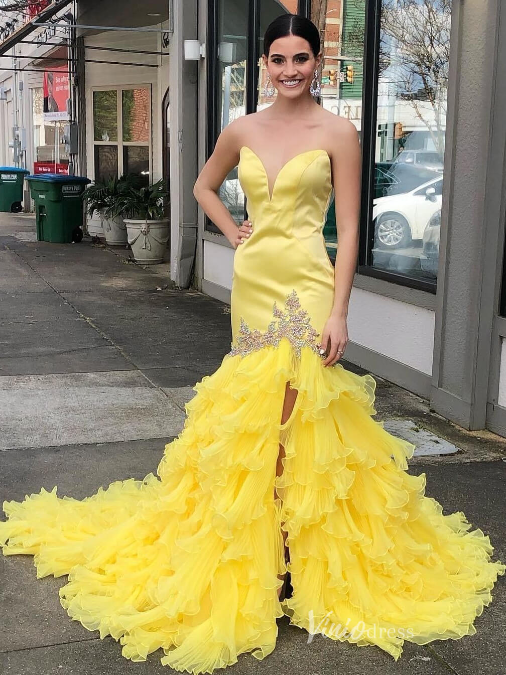 Yellow Tiered Ruffle Prom Dresses Strapless Strapless Formal Gown FD3988 - Viniodressprom dressesYellowCustom Size - Formal Dresses - Ball Gowns