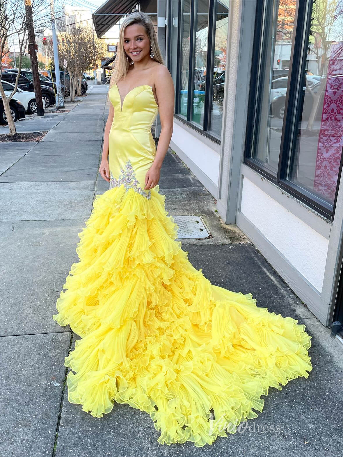 Yellow Tiered Ruffle Prom Dresses Strapless Strapless Formal Gown FD3988 - Viniodressprom dressesYellowCustom Size - Formal Dresses - Ball Gowns