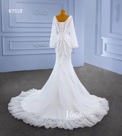 Puff Long Sleeve Mermaid Wedding Dresses Modern Bridal Dress 67519-wedding dresses 2025 -Viniodress-Ivory-Custom Size-