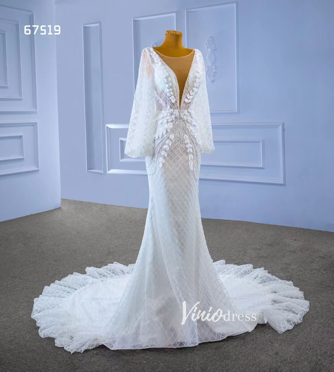 Puff Long Sleeve Mermaid Wedding Dresses Modern Bridal Dress 67519-wedding dresses 2025 -Viniodress-Ivory-Custom Size-