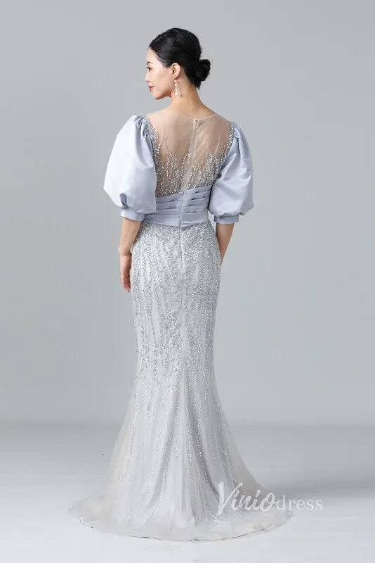 Puff Sleeve Mother of the Bride Dress Sheath Beaded Prom Dress 2022 FD2787-Evening Dresses 2025 -Viniodress-Pink-US 2-