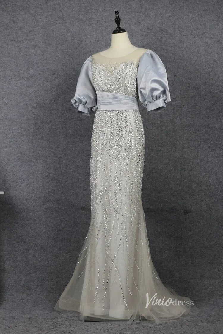 Puff Sleeve Mother of the Bride Dress Sheath Beaded Prom Dress 2022 FD2787-Evening Dresses 2025 -Viniodress-Pink-US 2-