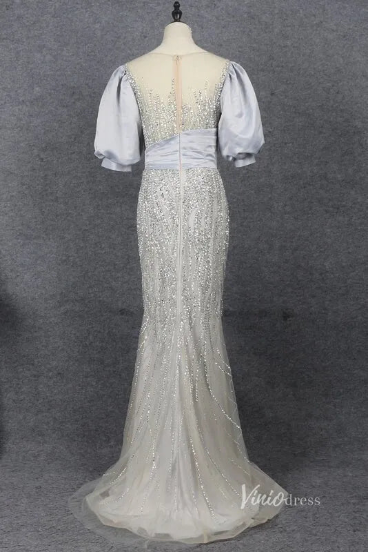 Puff Sleeve Mother of the Bride Dress Sheath Beaded Prom Dress 2022 FD2787-Evening Dresses 2025 -Viniodress-Pink-US 2-