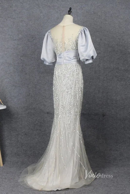 Puff Sleeve Mother of the Bride Dress Sheath Beaded Prom Dress 2022 FD2787-Evening Dresses 2025 -Viniodress-Pink-US 2-