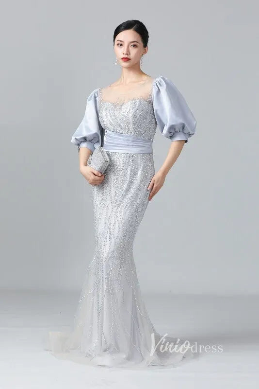 Puff Sleeve Mother of the Bride Dress Sheath Beaded Prom Dress 2022 FD2787-Evening Dresses 2025 -Viniodress-Pink-US 2-