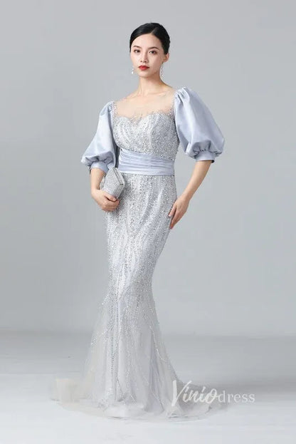 Puff Sleeve Mother of the Bride Dress Sheath Beaded Prom Dress 2022 FD2787-Evening Dresses 2025 -Viniodress-Pink-US 2-